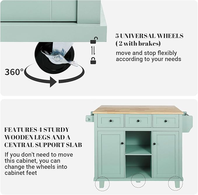 Rovibek Rolling Kitchen Island with Drawer, Kitchen Island Cart with Storage, Portabl Island for Kitchen with Large Storage Cabinet, Shelf and Drawer, 53 Inch Width, Green
