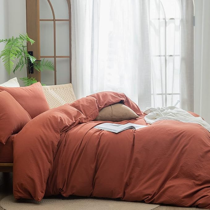 BESTOUCH Duvet Cover Set 100% Washed Cotton Linen Feel Super Soft Comfortable Chic Lightweight 3 PCs Home Bedding Set Solid Crimson Red Full/Double
