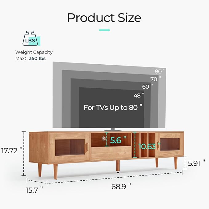 LINSY 70" TV Stand for TVs up to 80 Inch, Mid Century Modern Entertainment Center with Storage Drawer and Open Shelves, TV Console with Glass Door Cabinets for Living Room, Bedroom, Rustic Brown