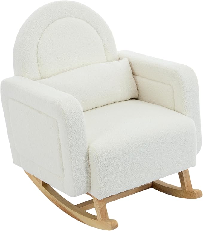 Christopher Knight Home Kiin Wooden Rocking Chair Indoor with Curved Back, Teddy Upholstered Rockers with Pillow, Comfy Accent Chair with Armrest for Bedroom, Living Room, Offices, Cream White