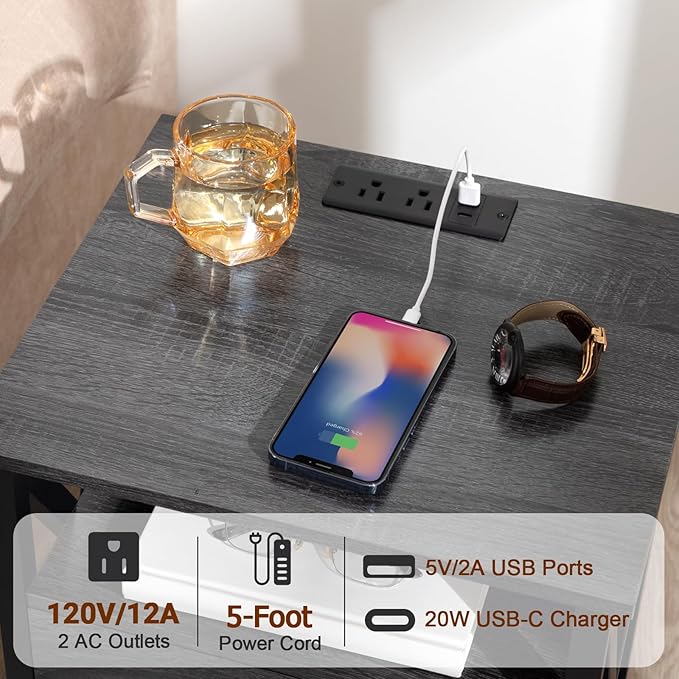 AMHANCIBLE LED Nightstand with Charging Station, Smart End Side Table with USB Port & Power Outlet, Bedside Table with Fabric Drawers for Bedroom, Living Room, Dark Grey, HET053LDG-1
