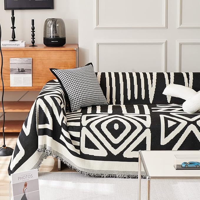 VM VOUGEMARKET Geometric Couch Cover for 3 Cushion Boho Chenille Sofa Cover Dog Proof Universal Sofa Slipcover L Shaped Furniture Cover with Tassels Sectional Couch Cover-71 x 134,Black