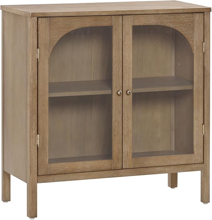 Nathan James Mason Storage Cabinet, Free Standing Accent Sideboard Buffet, Credenza with Glass Doors and Adjustable Shelf in Brushed Light Brown Wood for Dining Room, Entryway and Living Room