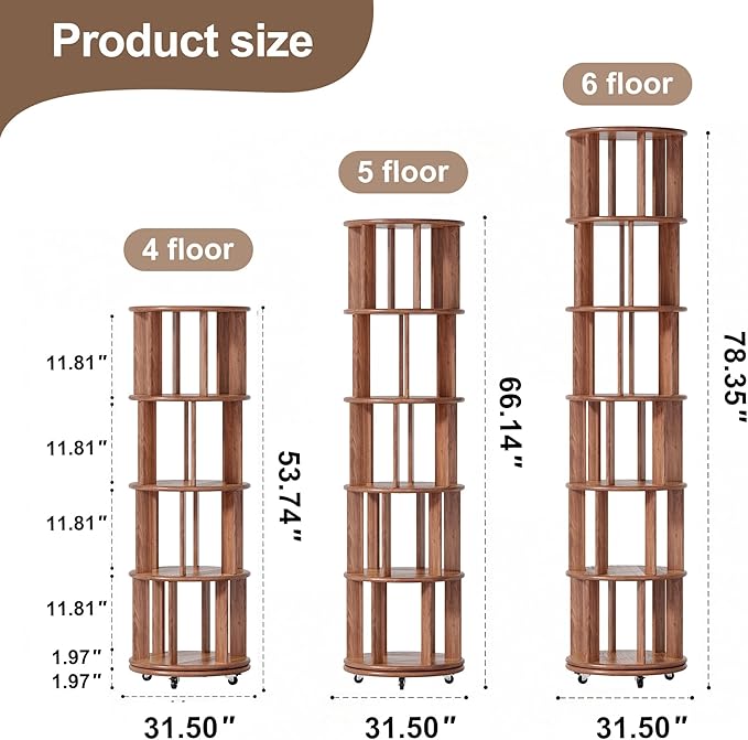 KEIKI 5 Tier Rotating Bookshelf on Wheels, Solid Wood Revolving Bookcase with Storage, 360° Spinning Tall Book Organizer for Small Space, Bedroom, Living Room, Walnut
