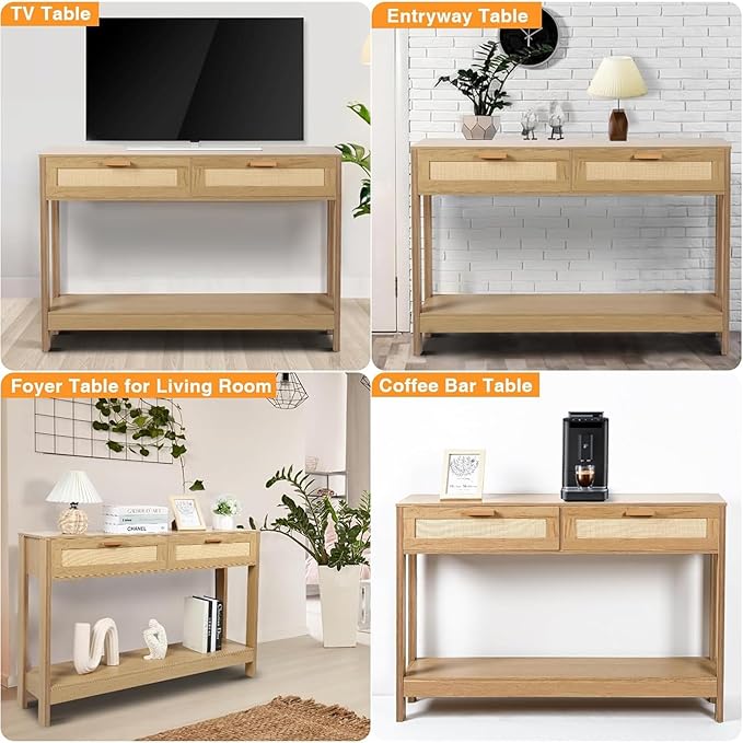 Console Table with Rattan Drawers Boho Entryway Table Narrow Long Sofa Table for Entrance, Hallway, Living Room, Couch