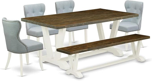 East West Furniture V077SI215-6 6 Piece Dining Table Set Contains a Rectangle Dining Room Table with V-Legs and 4 Baby Blue Linen Fabric Parson Chairs with a Bench, 40x72 Inch, Multi-Color
