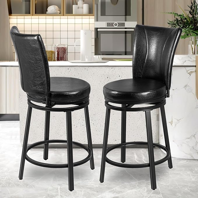 Bar Stools Set of 2, Counter Height Swivel Bar Chair with High Backrest, 24 inch Round Seat Barstools for Kitchen Island, Pub, Metal Base, Upholstered PU Leather Dining Chairs Black