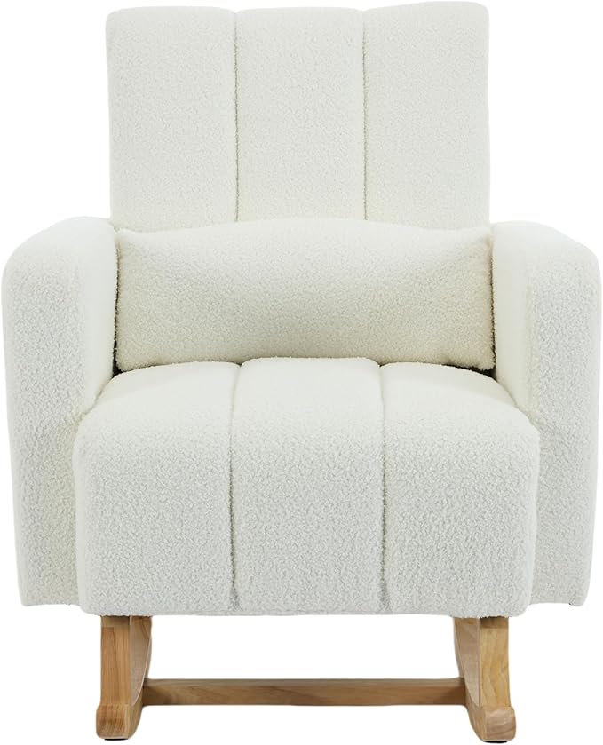 Christopher Knight Home Mapo Wooden Rocking Chair Indoor, Teddy Upholstered Spacious Rocker Chair with Pillow, Comfy Rocking Chair with Armrest for Bedroom, Living Room, Offices, Cream White