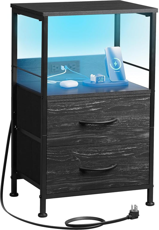 WLIVE Night Stand with Charger Station, LED Nightstand for Bedroom, Small Dresser with 2 Fabric Drawers for Small Spaces, Bed Side Table, Charcoal Black and Wood Grain Print