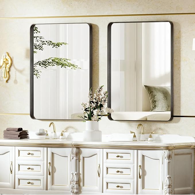 Bathroom Mirror 20x30 inch, Black Gorgeous Deep Frame Wall Mirror, Modern Round Corner Bathroom Vanity Mirror for Bedroom, Living Room, Hanging or Leaning Horizontal or Vertical, Black