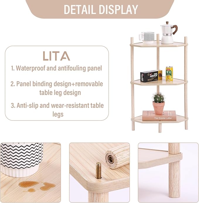 LITA Modern Wood Side Table, Triangular Accent End Table Plant Night Stand with Magazine Storage for Bedroom, Living Room, Bathroom, Natural, 3- Tier