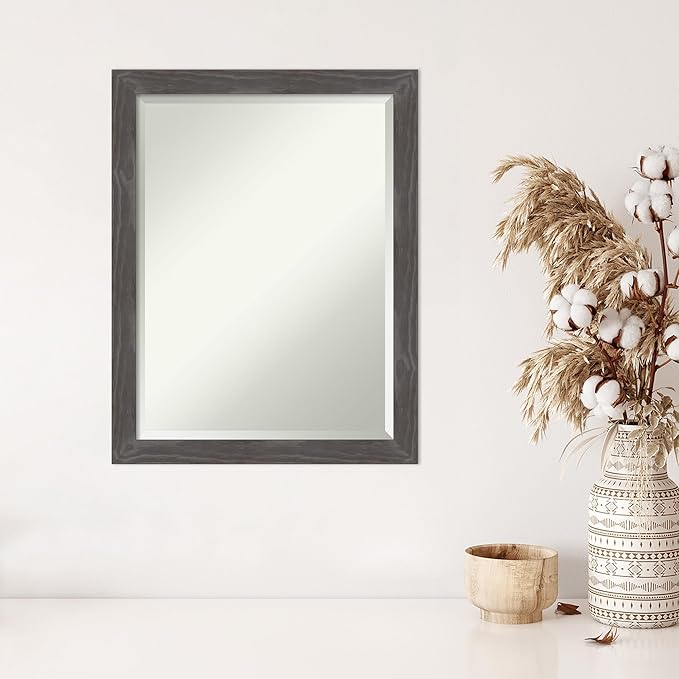 Amanti Art Grey Wall Mirror 27x21 Woodridge Rustic Grey Rectangle Bathroom Mirror for Wall Decor Living Room, Medium Country Rustic Wood Frame, Hangs Horizonally and Vertically, Bathroom Decor,