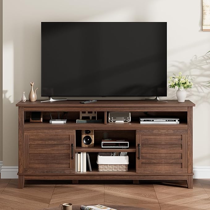 GarveeHome TV Stand for 63 in, Entertainment Center with Adjustable Shelves, Farmhouse TV Stand with Cabinet Doors,for Living Room, Bedroom (Brown, 63)