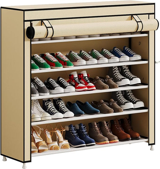 Calmootey 5 Tier Shoe Rack Organizer to Hold 25 Pairs, Portable Shoe Shelf with Nonwoven Fabric Cover for Closet Hallway, Bedroom, Entryway, Beige
