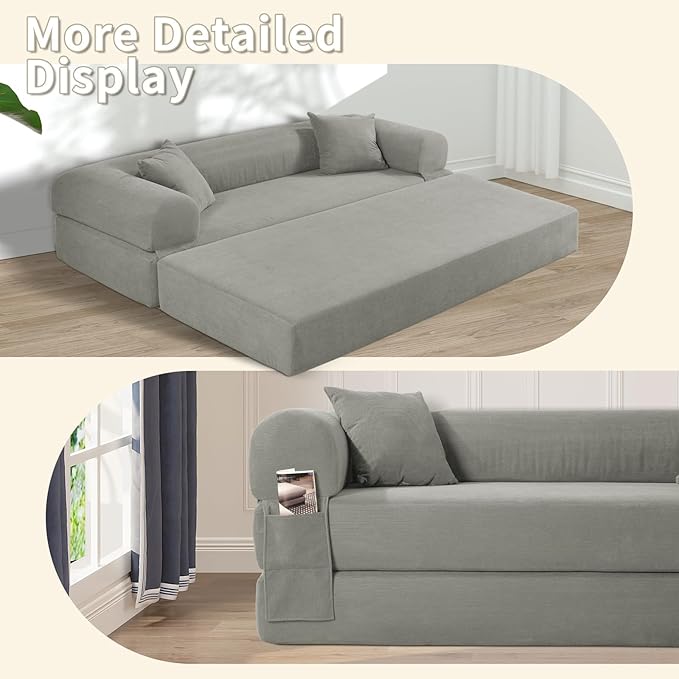 80" Convertible Sofa Bed, 3-in-1 Corduroy Folding Pull Out Couch with Pillows, No Assembly Modern Boneless Couch Compression Sofa in Box, Floor Sofa with Side Storage Pocket for Living Room,Light grey