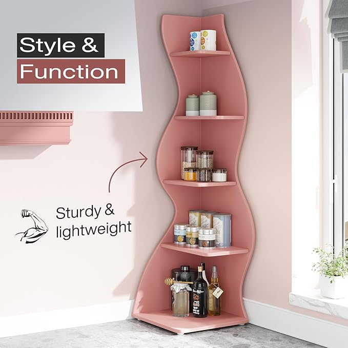 Tribesigns Corner Shelf, Modern 5-Tier Wall Corner Bookshelf, Stylish Corner Small Bookcase Storage Rack Plant Stand with Unique Shape for Living Room, Home Office (Pink, 2PCS)
