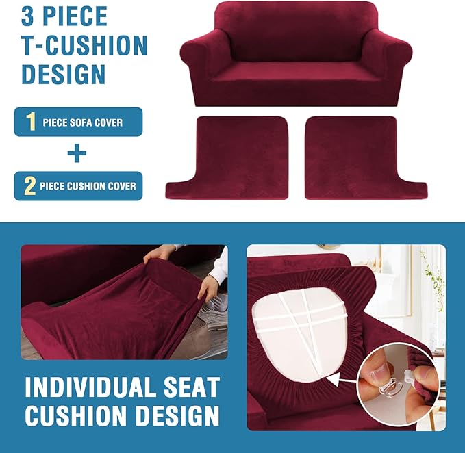 H.VERSAILTEX Sofa Cover 3 Piece T Cushion Loveseat Slipcovers Thick Velvet Couch Cover Furniture Protector Stretch T Cushion Sofa Covers for 2 Cushion Couch with 2 T Cushion Covers Washable, Burgundy