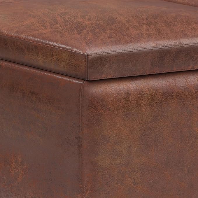 SIMPLIHOME Owen 34 inch Wide Mid Century Modern Rectangle Tray Top Small Coffee Table Storage Ottoman in Distressed Saddle Brown Vegan Faux Leather, Assembled, For the Living Room and Entryway