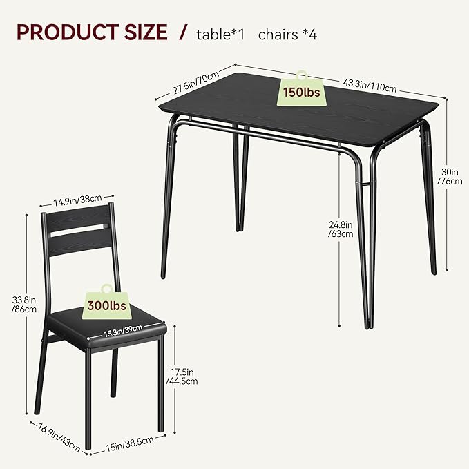 Dining Table for 4, Small Table and Chairs Set of 4, Square Dinette Set for 4, 5 Piece Kitchen & Dining Room Sets for Small Space (Black, Table with 4 Upholstered Chairs)