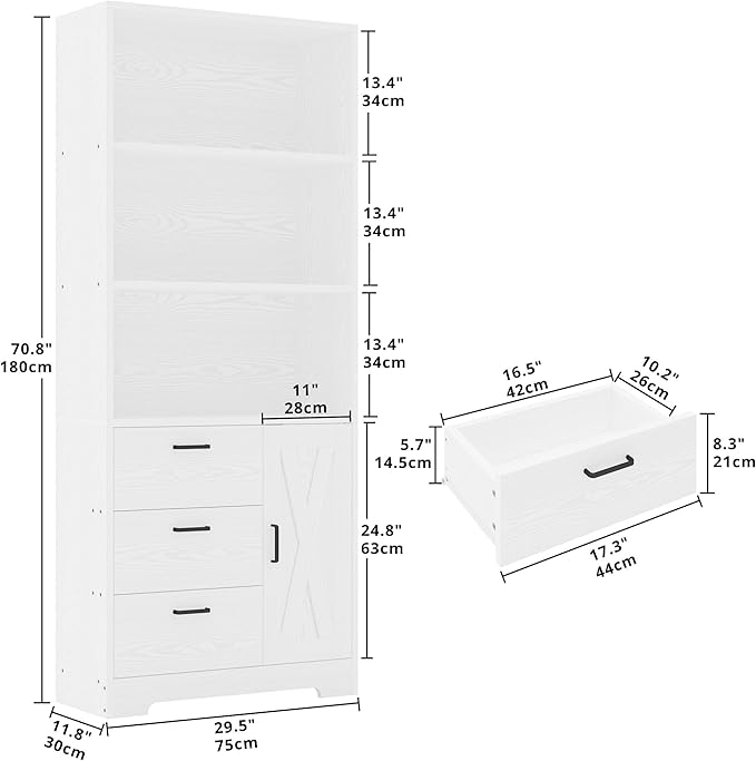 IRONCK Bookshelf with Door and 3 Drawers, 71in Tall Bookcase Shelf with 3-Tier Shelves, for Bedroom Living Room Entrance Hallway Home Office