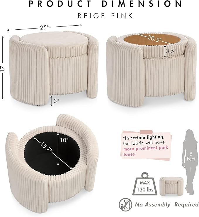 Furniture of America Lennox Modern Chenille 25-inch Round Storage Ottoman with Reversible Flip Top, Upholstered Footstool for Living Room, Bedroom, Entryway, Beige Pink