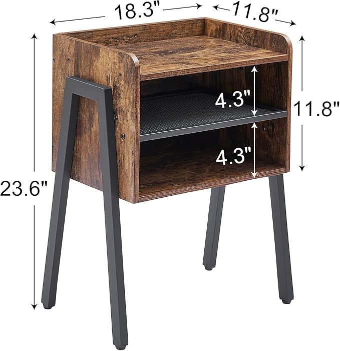 VECELO Nightstand Set of 2,Industrial End Table,Bedside Table with 2-Tier Open Storage Shelves,Wood Side Table with Metal Frame for Bedroom, Living Room,Small Spaces