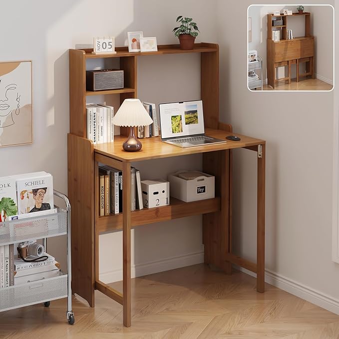 Bamboo Folding Desk with Storage Rack Mid Century Modern Desk for Home Office Bedroom Small Spaces, Brown