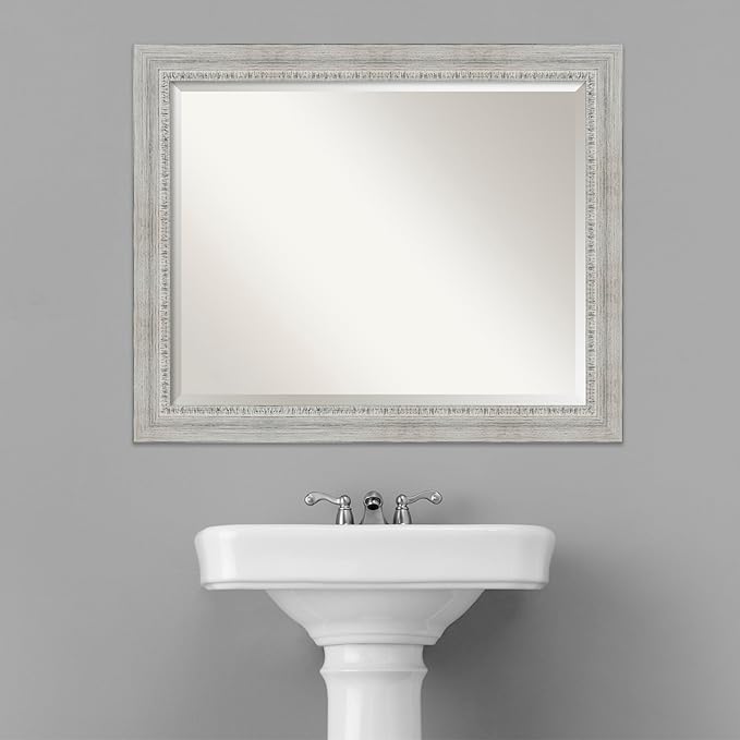Amanti Art White Bathroom Mirror for Over Sink, 27x33 Rustic White Wash Rectangle Vanity Mirror, Large Rustic Farmhouse Wood Frame, Hangs Horizonally and Vertically, Bathroom Wall Decor, Beveled Edge