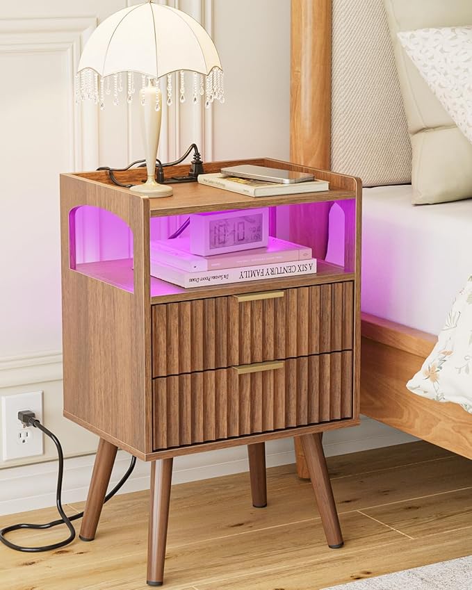 Nightstand with Charging Station and LED Lights,Modern Bedside Table with 2Drawer and Open Shelf,Walnut Night Stand with Solid Wood Legs,End Table for Living Room、Bedroom and Small Spaces