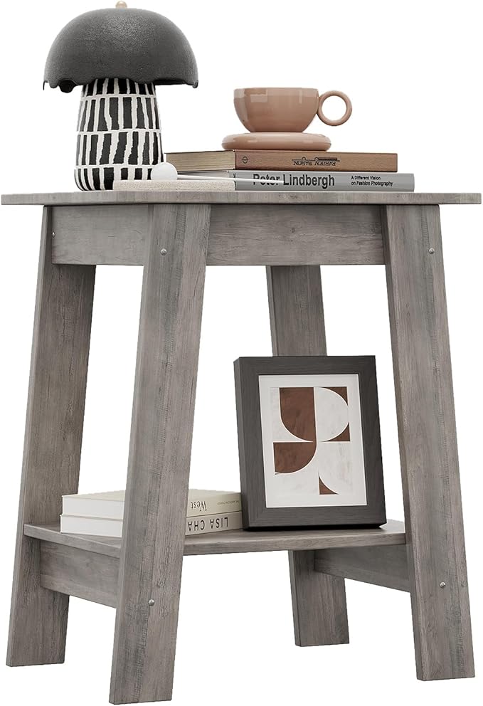 End Table with Double Storage Shelves, Small Space Side Table for Farmhouse Bedroom, Studio Apartment, Entryway, Grey