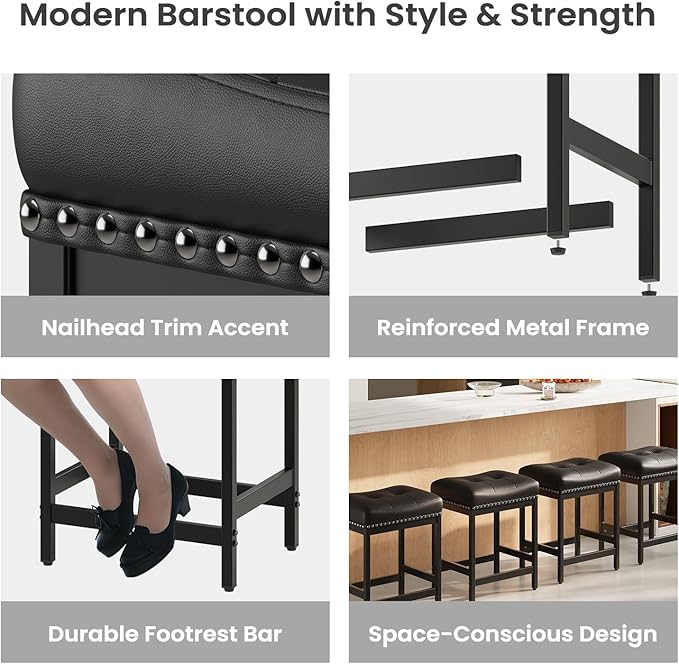 MALOL Set of 2 Saddle Bar Stools Counter Height 24.4”, Black Backless Barstools for Kitchen Island, Modern PU Leather Cushioned Seat, Bar Chairs for Kitchen Counter, Breakfast Bar Stools for Home