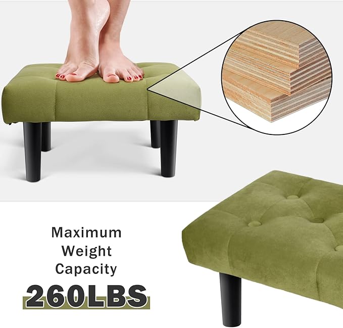 HOUCHICS Small Footstool Ottoman,Velvet Soft Footrest Ottoman with Wood Legs,Sofa Footrest Extra Seating for Living Room Entryway Office(Green 2PACK)