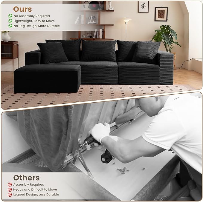 Modular Sectional Sofa, 108" L-Shaped Boneless Couch with Deep Seat, Corduroy Cloud Couch for Living Room, Bedroom, No Assembly Required, Ship in a Box, Black