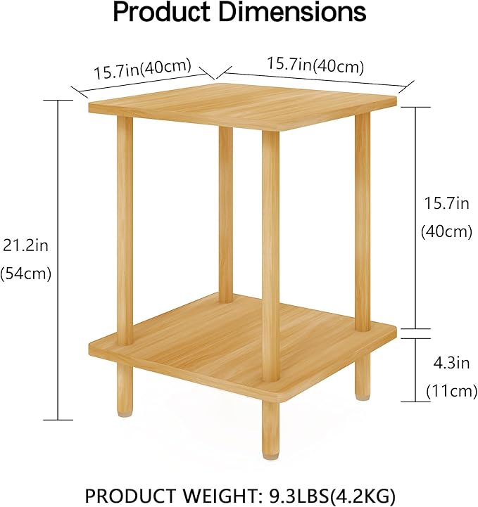 2-Tier End Table,Multi-Layer Side Cabinet with 4 Solid Wood Sturdy Legs for Living Room and Bed Room, Minimalist Modern (15.8"*15.8"*21")