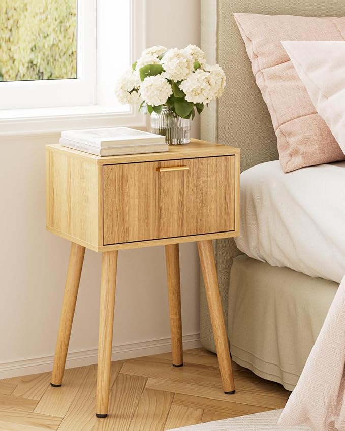 Night Stand Set 2, Oak Nightstand with Fluted Doors, Small Modern Mid-Century Bedside Table for Bedroom, End Table for Living Room