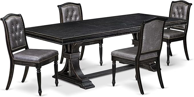 LEMA5-SBB-34-5-Piece Modern Dining Set Consists of a Dining Table and 4 Dark Grey Polyester Fabric Dining Chairs with Button Tufted Back - Sand Blasting Black Finish