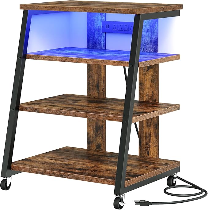 4-Tier AV Media Stand with Wheels, Stereo Stands, Media Console Shelf with Power Strips, LED Lights, Wooden Audio Cabinet Rack Tower, Rustic Brown and Black TCJ60UDBF