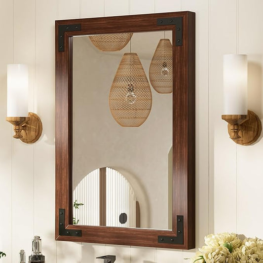 TETOTE 18 x 26 Walnut Wood Mirror for Bathroom Wall/Bedroom/Living Room/Entryway Farmhouse Rustic Bathroom Vanity Mirror for Over Sink Waterproof (Horizontal/Vertical Mounted)