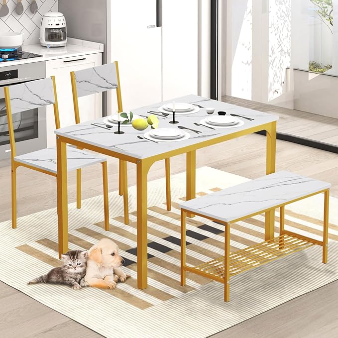 SogesHome Kitchen Table Set for 4, Compact Dining Table Chair Set with Bench, 4 Piece Table with Built-in Storage Racks, Metal Frame, for Apartment, Restaurant, Gold
