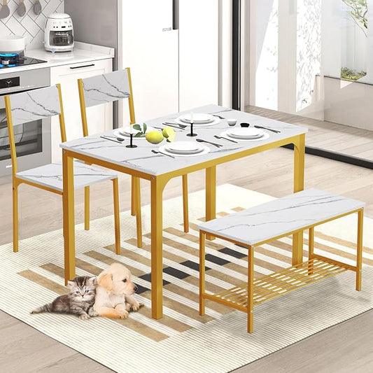 SogesHome Kitchen Table Set for 4, Compact Dining Table Chair Set with Bench, 4 Piece Table with Built-in Storage Racks, Metal Frame, for Apartment, Restaurant, Gold