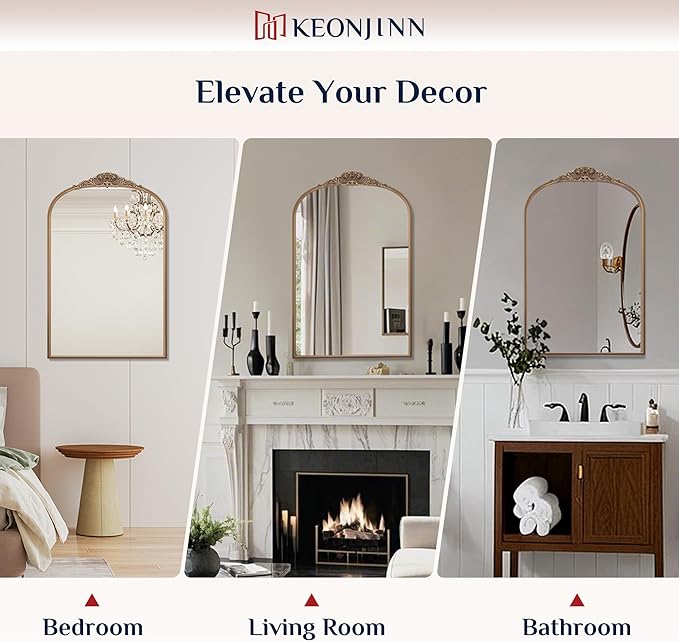Keonjinn Vintage Mirror Gold 24" x 36", Arched Decorative Mirrors for Wall Decor, Antique Mirrors Bathroom, Ornate Baroque Brass Mirror for Mantle, Entryway, Living Room, French Cleat Mounting