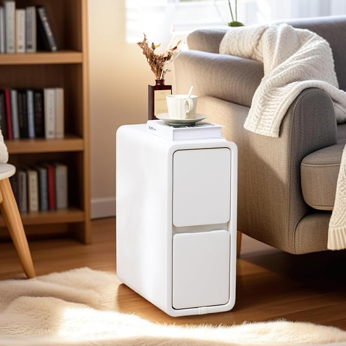 Narrow Nightstand, Solid Wood Night Stand, Slim Nightstands for Small Spaces, Couch, White Color 7.87in Wide