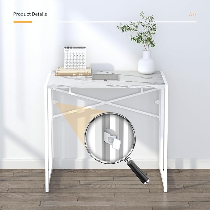 32 inch Folding Small Desk, Writing Gaming Computer Camping Desk for Small Spaces, No Assembly Required Home Office Desk, White Marble