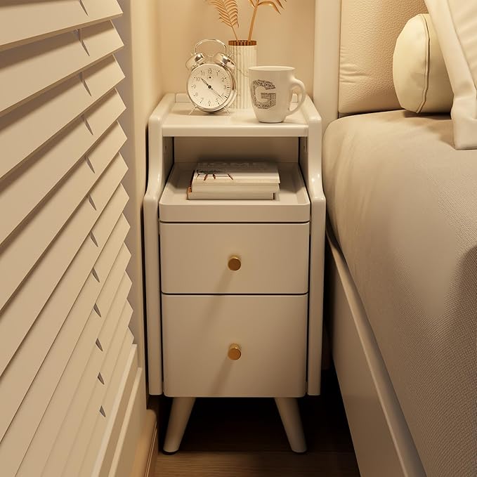 Small Nightstand with Drawers, Solid Wood Bedside Table, Narrow Walnut Nightstand for Bedroom