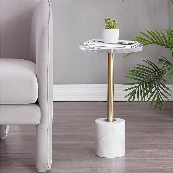 LIKENOW Furniture Acrylic Side Table,Clear Small Round End Table for Living Room,Bedroom,Office | Modern Nightstand with Marble Base,Gold Post,Clear Top for Drink,Food,Snack,Assembly(White)
