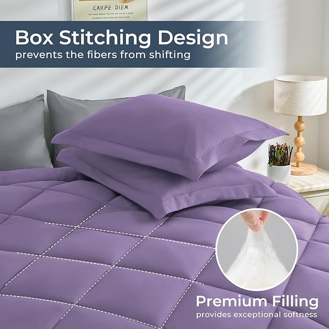 HEVUMYI Cali-King Comforter Set - 7-Piece All Season Bed in a Bag Cali-King, Ultra Soft Bedding Set with Comforter, Flat Sheet, Fitted Sheet, Pillowcases, Pillow Shams, Purple & Light Grey
