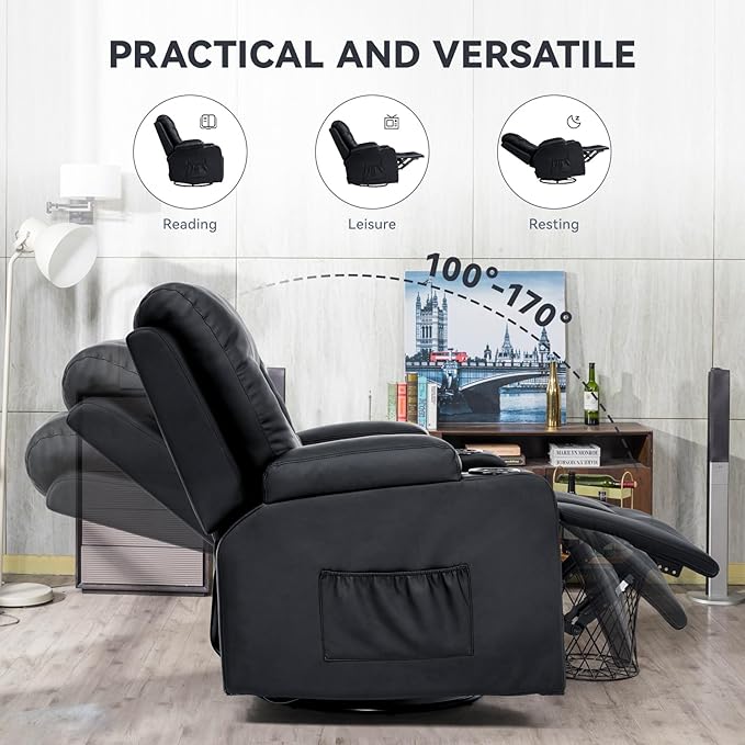 COMHOMA Living Room Furniture Set,Bonded Leather Sofa with Massage,Cup Holder Recliner Chair,3+1,Black