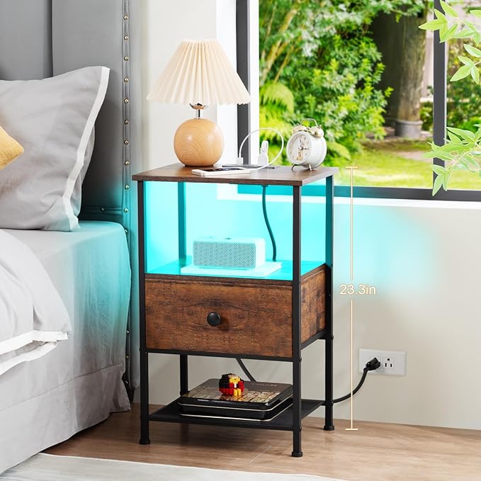 Night Stand Set 2, LED Nightstand with Charging Station, End Tables Living Room with Fabric Drawer for Small Spaces, Side Tables with Storage Shelf for Bedroom, Rustic Brown HETS01PQBR