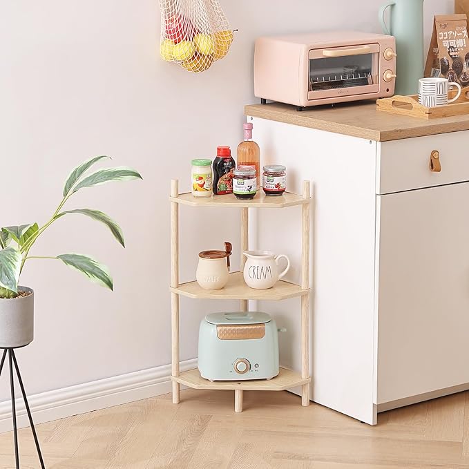 LITA Modern Wood Side Table, Triangular Accent End Table Plant Night Stand with Magazine Storage for Bedroom, Living Room, Bathroom, Natural, 3- Tier