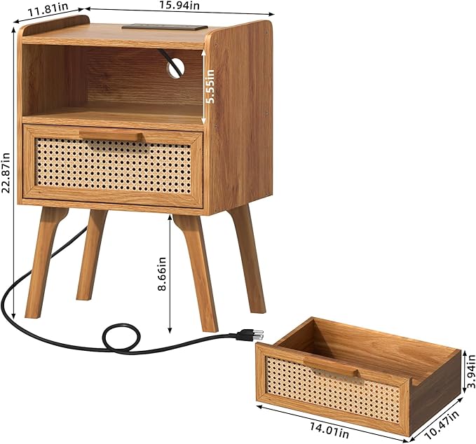 Lerliuo Rattan Nightstands Set of 2 with Charging Station, Side Table with Drawer, Cane Accent Bedside End Table with Solid Wood Legs, Night Stand for Bedroom, Dorm and Small Spaces (Tea Brown)